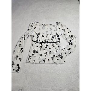White‎ Black Floral Velvet Burnout Mesh Top Long Sleeve Empire Waist Bow M
